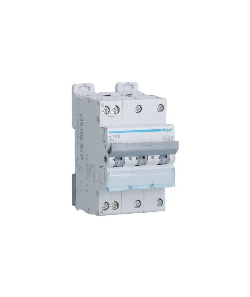 Hager - Disjoncteur 3P+N 6-10kA courbe C - 16A 3 modules - Réf : NFT816