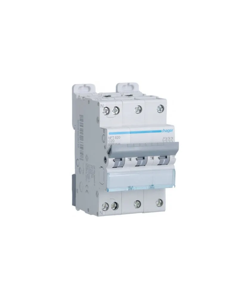 Hager - Disjoncteur 3P+N 6-10kA courbe C - 20A 3 modules - Réf : NFT820