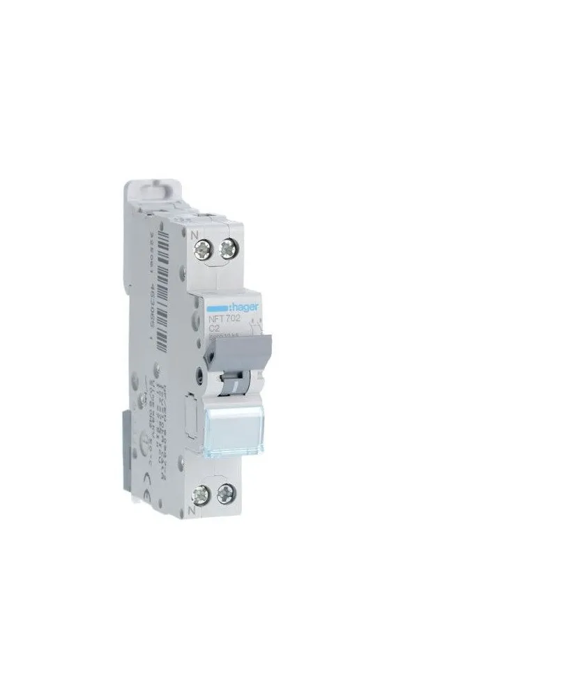 HAGER NFT702  DISJONCTEUR, 1P+N, 6-10KA, COURBE C, 2A ,1 MODULE