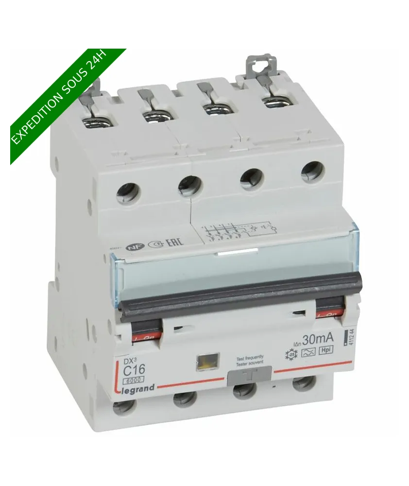 Disjoncteur différentiel monobloc DX³6000 10kA arrivée haute et départ bas à vis 4P 400V~ - 16A - typeF 30mA réf : 411244